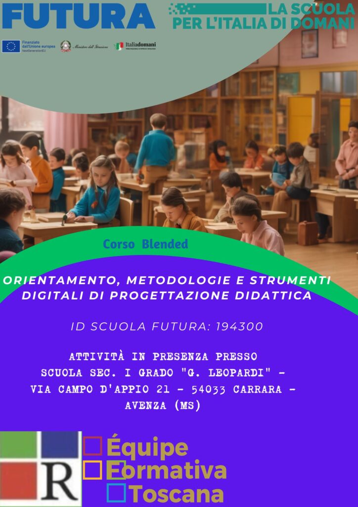 Il corso si propone come presentazione di modelli operativi ispirati a metodologie e buone pratiche didattiche messe in atto col supporto degli adeguati strumenti digitali.
Tutte le attività e le metodologie saranno presentate secondo un approccio inclusivo ispirato alla valorizzazione delle life skills, in un’ottica orientativa e volta alla creazione di un ambiente di apprendimento significativo. Ad ogni incontro saranno presentati in modo laboratoriale elementi di metodologie didattiche innovative e strumenti digitali funzionali ad attività di storytelling, flipped classroom, gamification, cooperative learning. Per tutte le info, visitare la scheda 
 al link: https://scuolafutura.pubblica.istruzione.it/es/orientamento-metodologie-e-strumenti-digitali-di-progettazione-didattica